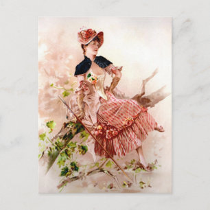 Carte Postale Jolie Dame Vintage En Robe Rose