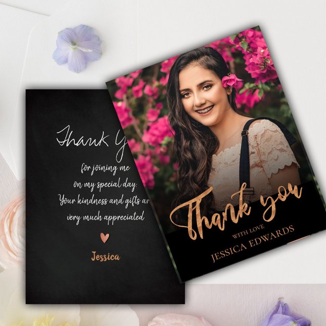 Carte Postale Jolie écriture Rose Gold Photo Remerciement de rem (Pretty Script Rose Gold Photo Graduation Thank You Postcard)