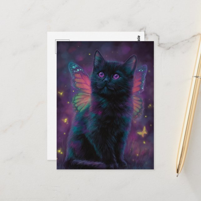Carte Postale Jolie Fée Chat Noir et Violet (Devant/Arrière en situation)