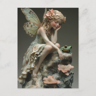Carte Postale Jolie fée en porcelaine avec une grenouille verte