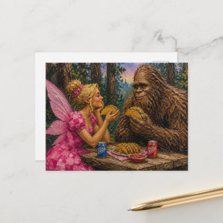 Carte Postale Jolie fée et fête de tacos de Sasquatch dans les b