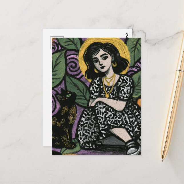 Carte Postale Jolie femme assise avec son chat  (Devant/Arrière en situation)