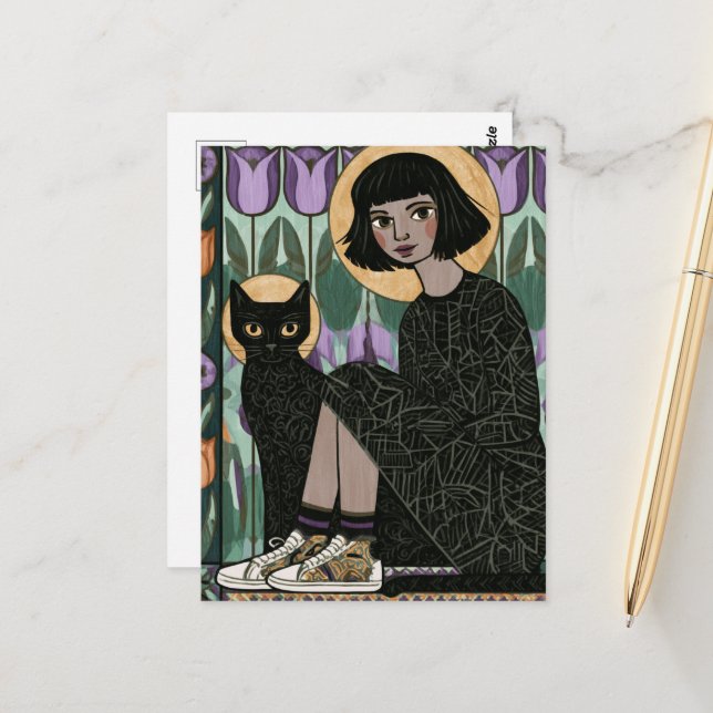 Carte Postale Jolie femme assise avec son chat  (Devant/Arrière en situation)