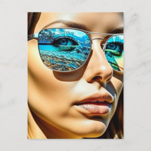 Carte Postale Jolie femme avec reflet de lunettes de soleil de p