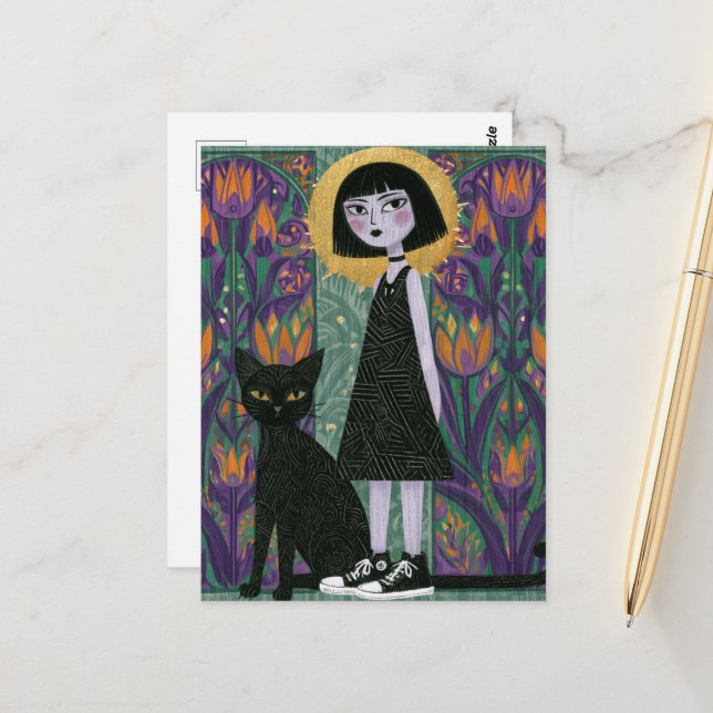 Carte Postale Jolie femme avec son chat noir  (Devant/Arrière en situation)