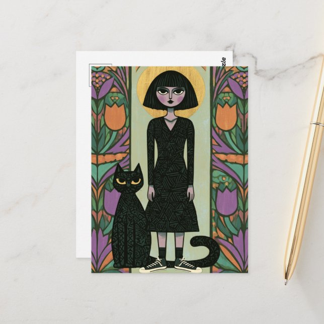 Carte Postale Jolie femme avec son chat noir à longue queue (Devant/Arrière en situation)