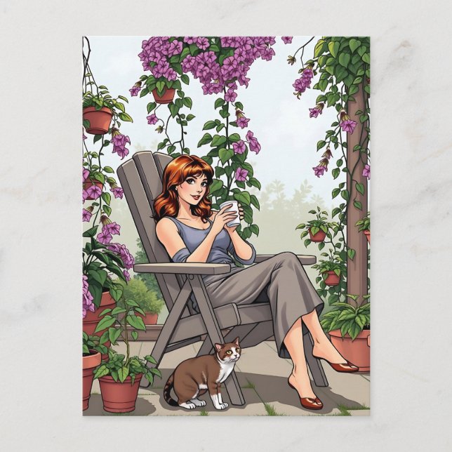 Carte Postale Jolie femme buvant du café, son chien et Plantes (Devant)