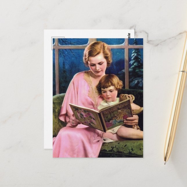 Carte Postale jolie femme de lecture vintage (Devant/Arrière en situation)