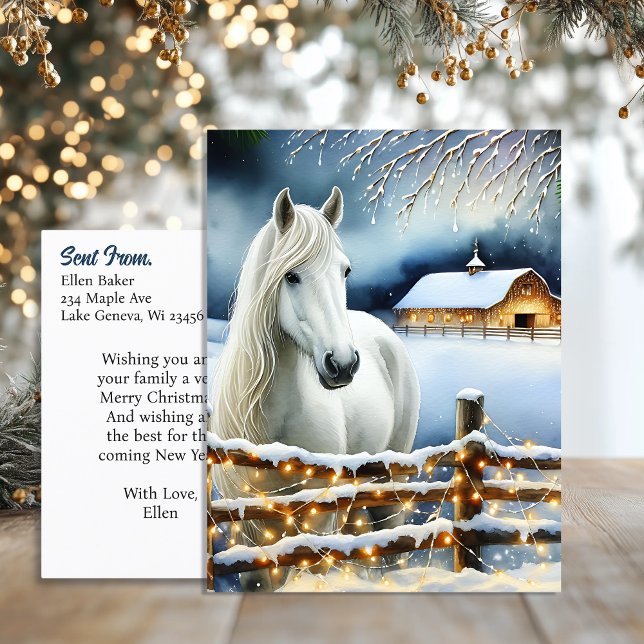 Carte Postale Jolie ferme de chevaux blancs Noël personnalisé (Créateur téléchargé)