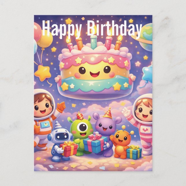Carte Postale Jolie fête d'anniversaire dans l'espace avec des a (Devant)