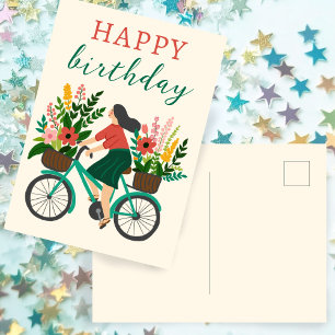 Carte Postale Jolie Fille à Vélo avec Fleurs Joyeux Anniversaire