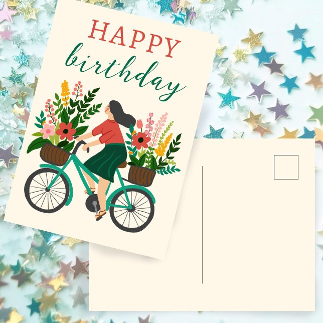 Carte Postale Jolie Fille à Vélo avec Fleurs Joyeux Anniversaire (Cute Girl Riding Bicycle w Flowers Happy Birthday Postcard
)