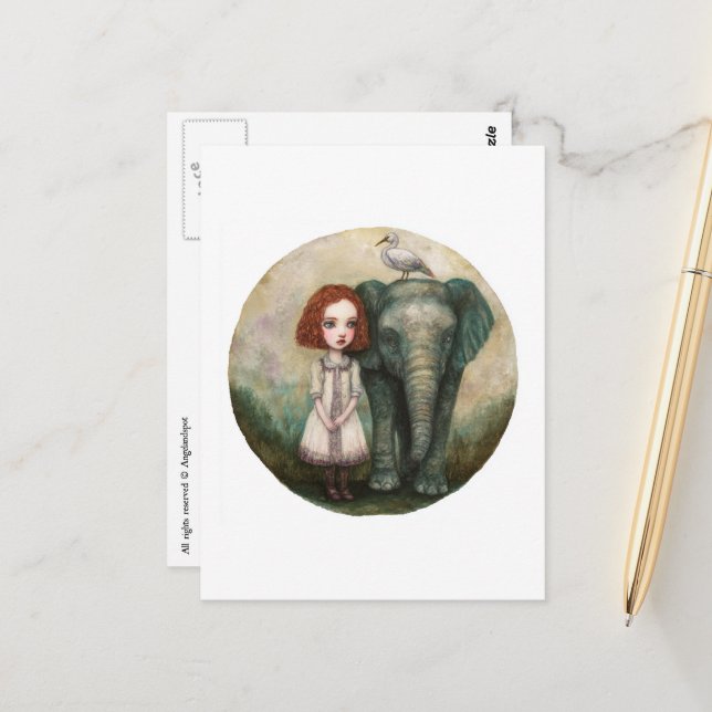 Carte Postale Jolie Fille Avec Éléphant et Oiseau (Devant/Arrière en situation)