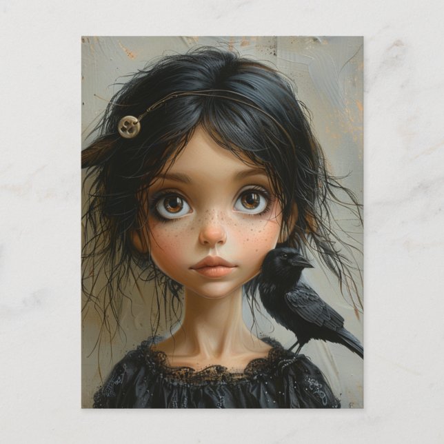 Carte Postale Jolie Fille avec un Oiseau Noir (Devant)