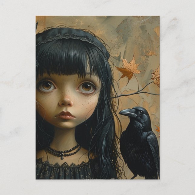 Carte Postale Jolie Fille avec un Oiseau Noir (Devant)