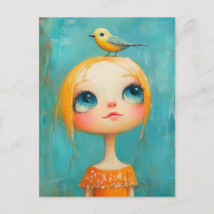 Carte Postale Jolie Fille Avec un Oiseau sur la Tête