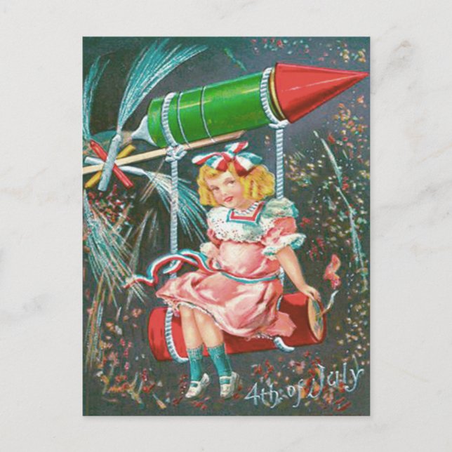 Carte Postale Jolie Fille Balançoire Bouteille Fusée Pétard (Devant)