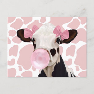 Carte Postale Jolie fille Bubblegum rose soufflant vache