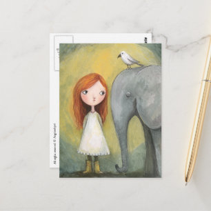 Carte Postale Jolie Fille Cheveux Rouges Avec Éléphant et Oiseau