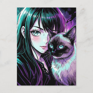 Carte Postale Jolie Fille d'Anime et Chat Siamois
