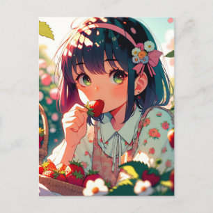 Carte Postale Jolie Fille d'Anime Mangant des Fraises  
