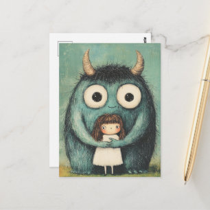 Carte Postale Jolie Fille et Son Ami Monstre Fantastique