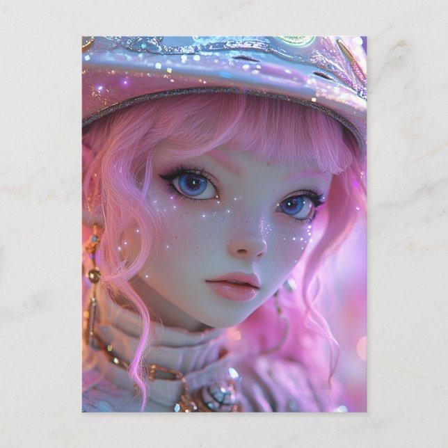 Carte Postale Jolie fille rose cheveux (Devant)