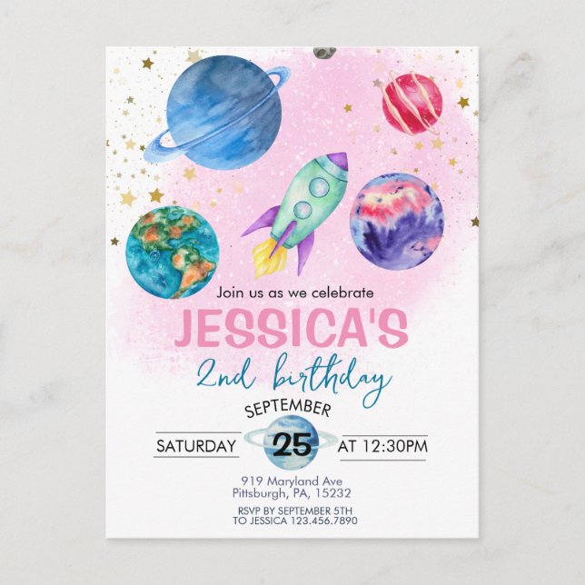 Carte Postale Jolie Fille Rose Fête d'Astronaute Anniversaire (Devant)