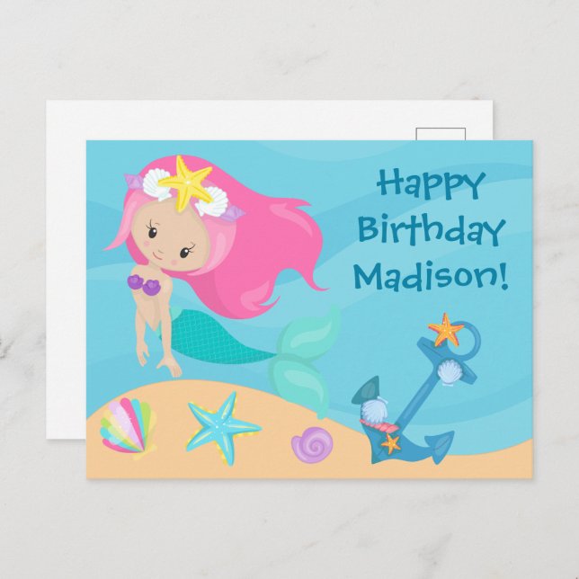 Carte Postale Jolie fille sirène Personnalisée Enfants Joyeux an (Devant / Derrière)