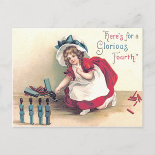 Carte Postale Jolie fille soldat jouet feu d'artifice pétard
