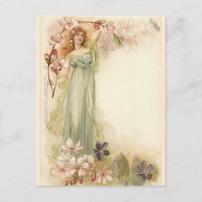 Carte Postale Jolie fille Vintage en fleurs (Devant)