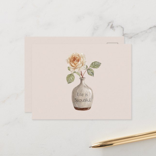 Carte Postale Jolie Fleur de Rose Pêche dans un Vase (Devant/Arrière en situation)