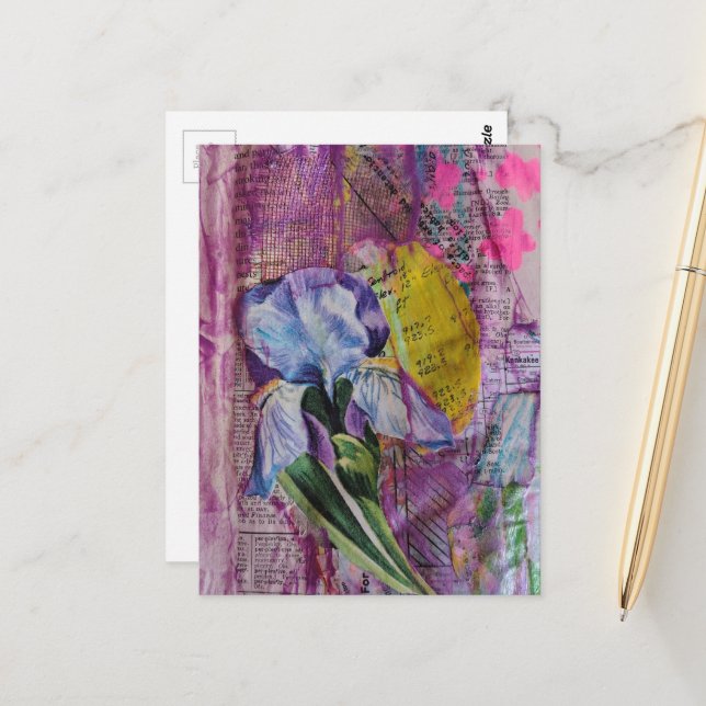 Carte Postale Jolie fleur d'Iris rose étoiles collage en techniq (Devant/Arrière en situation)