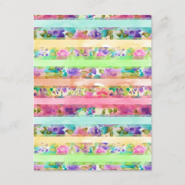 Carte Postale Jolie fleurs rayures Aquarelle peinture main (Devant)