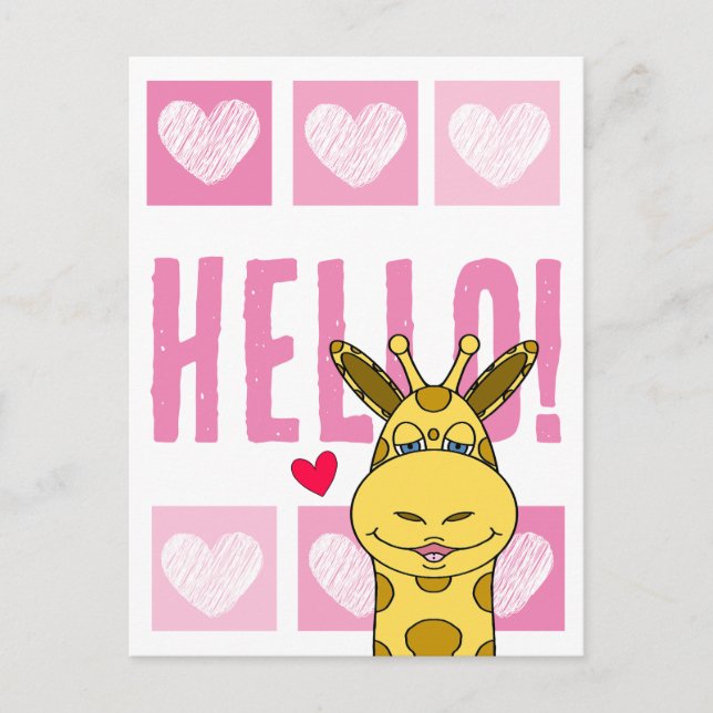 Carte Postale Jolie Giraffe Souriante Avec Coeurs Rose Bonjour (Devant)