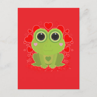 Carte Postale Jolie grenouille Kawaii avec des cœurs sur fond ro