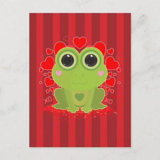 Carte Postale Jolie grenouille Kawaii avec des cœurs sur rayures