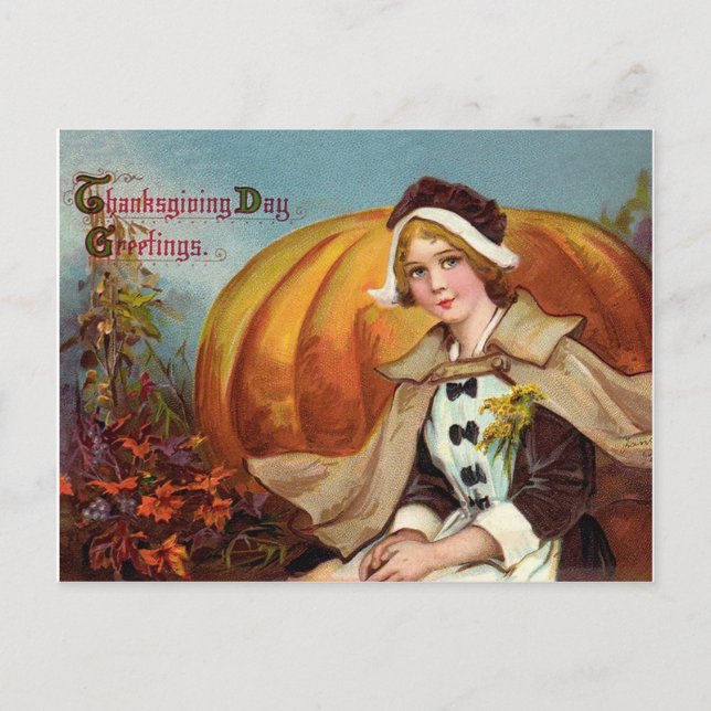 Carte Postale Jolie jeune femme avec un gros potiron de Thanksgi (Devant)