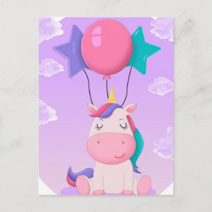 Carte Postale Jolie licorne assise et ballons lilas