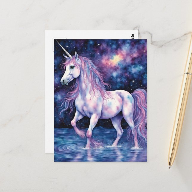 Carte Postale Jolie Licorne Violette Dans Le Lac (Devant/Arrière en situation)