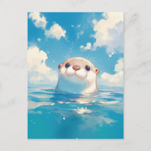 Carte Postale Jolie loutre à l'aquarelle sous un ciel bleu ensol