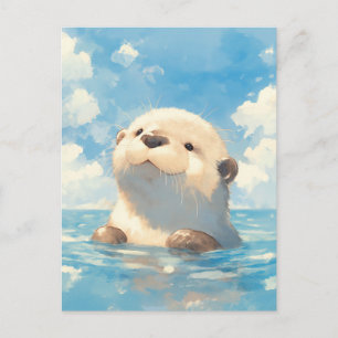 Carte Postale Jolie Loutre Aquarelle Sous un Ciel Bleu Ensoleill