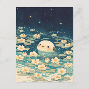 Carte Postale Jolie loutre dans un étang aux lis sous une nuit é