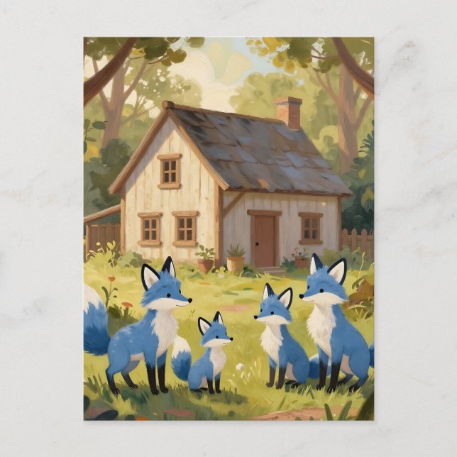 Carte Postale Jolie maisonnette de famille de renard bleu (Devant)