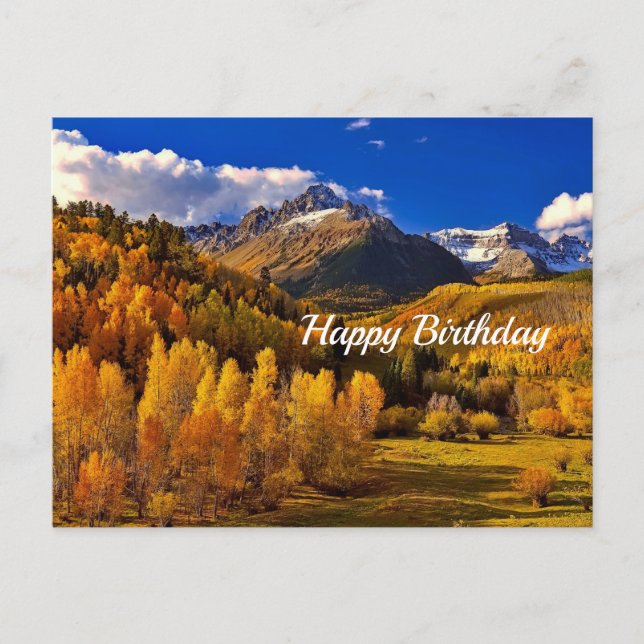 Carte Postale Jolie Montagne d'arbres jaunes Anniversaire (Devant)