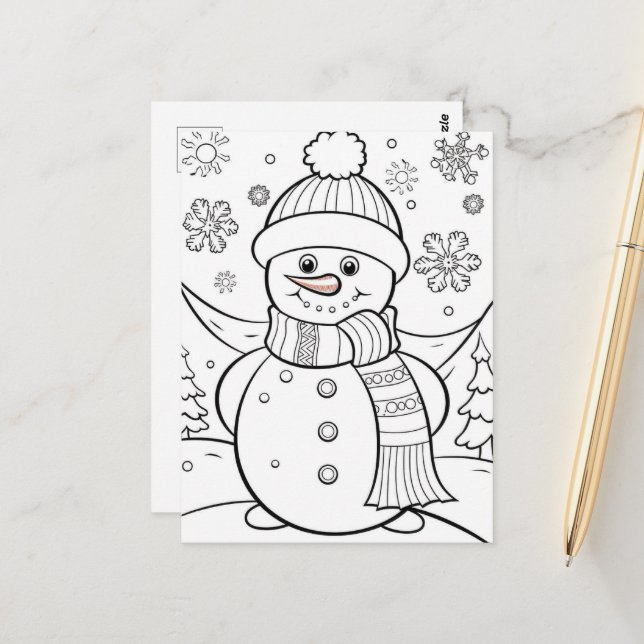 Carte Postale Jolie Noël enfants colorier Snowman (Devant/Arrière en situation)