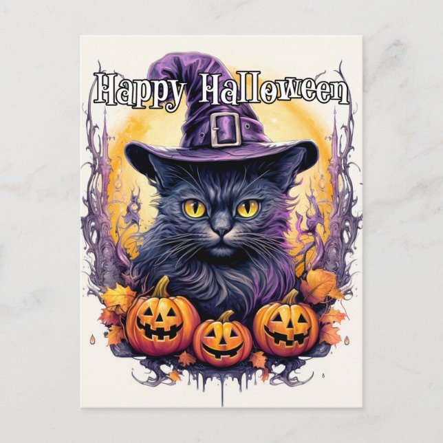 Carte Postale Jolie Petite Chatte Sorcière | Halloween (Devant)