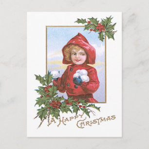 Carte Postale Jolie petite fille boules de neige houx
