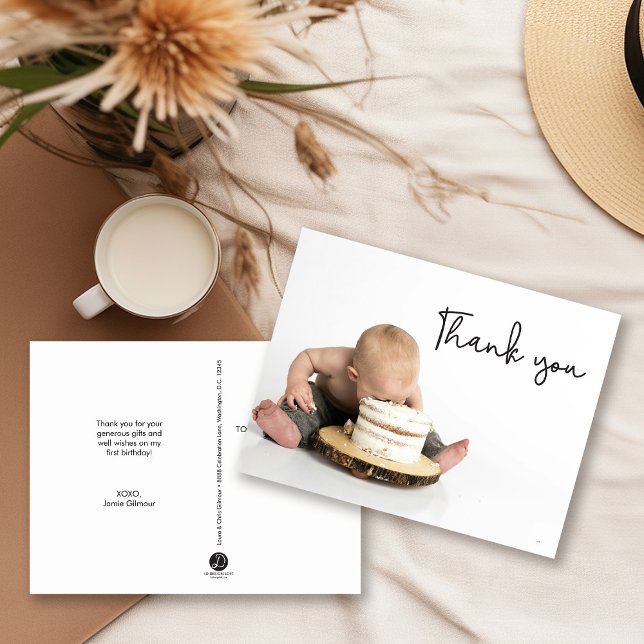 Carte Postale Jolie Photo Bébé Garçon 1er Anniversaire Merci (smash cake photo baby first birthday thank you postcard)
