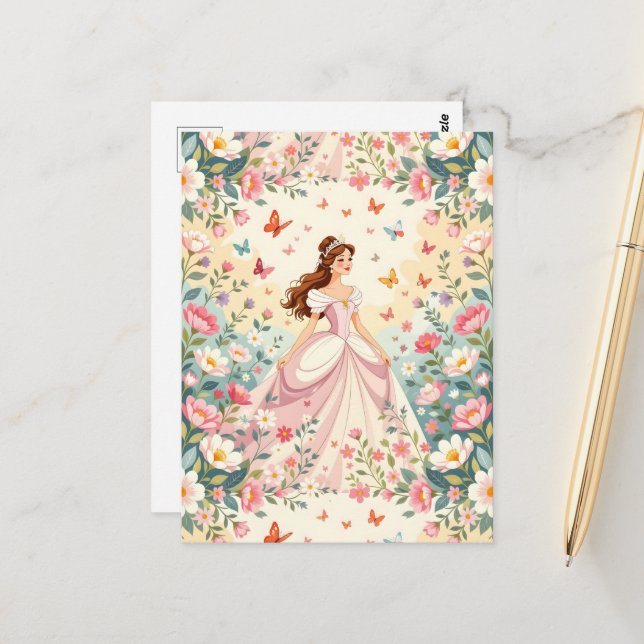 Carte Postale Jolie princesse avec papillons (Devant/Arrière en situation)